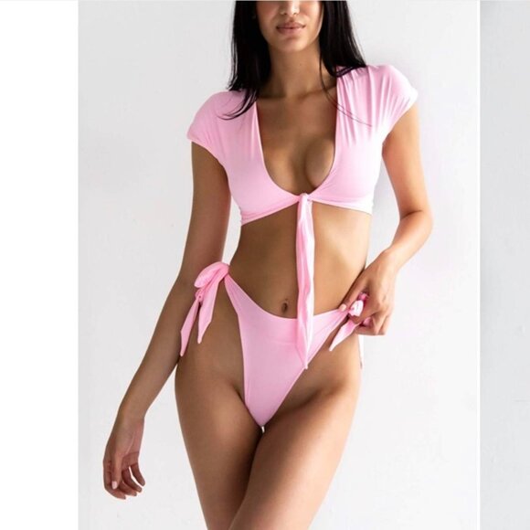 437 Four Three Seven The Robyn Top and Aubrey Bottom Tie Front Bikini in Candy - Picture 1 of 12